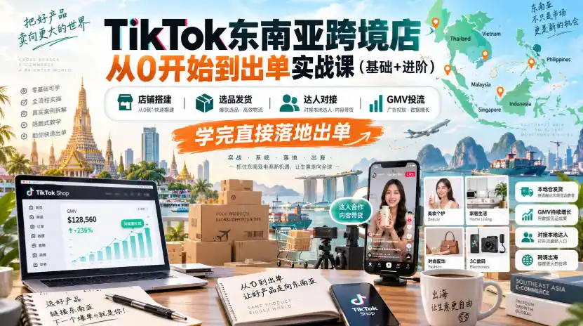 TikTok东南亚跨境店从0开始到出单实战课(基础+进阶)，店铺搭建、选品发货、达人对接、GMV投流，学完直接落地出单