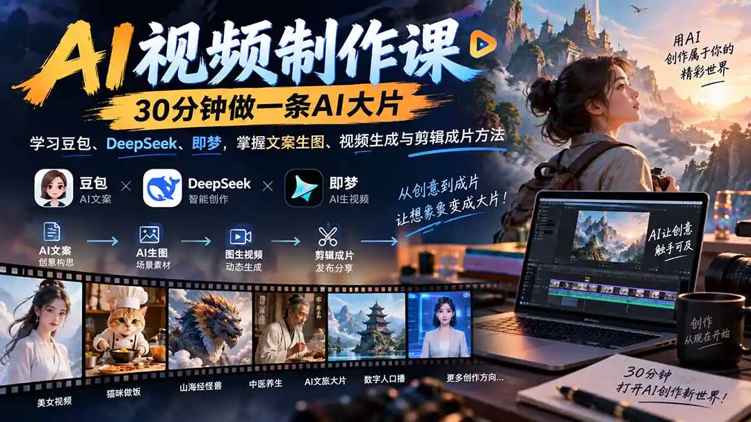 AI视频制作课-30分钟做一条AI大片：学习豆包、DeepSeek、即梦，掌握文案生图、视频生成与剪辑成片方法