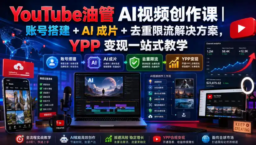 YouTube油管AI视频创作课｜账号搭建+AI成片+去重限流解决方案，YPP变现一站式教学(更新0925)