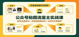 公众号贴图流量主实战课：账号注册养号，多赛道贴图玩法，AI改写文案教学