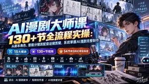 AI漫剧大师课130+节全流程实操：从剧本角色、智能分镜到配音运镜剪辑，系统掌握AI漫剧完整制作