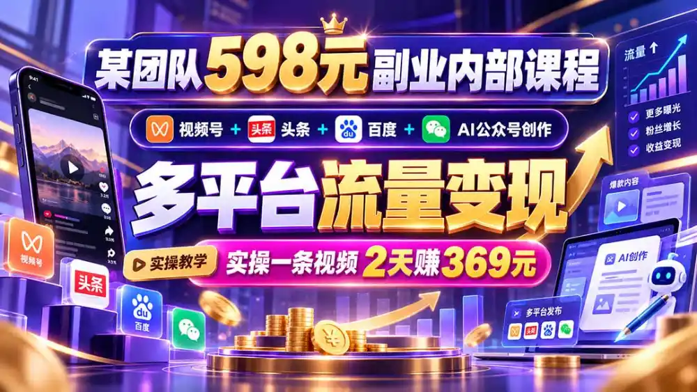 某团队598元副业内部课程:视频号+头条+百度+AI公众号创作、多平台流量变现,实操一条视频2天赚369元