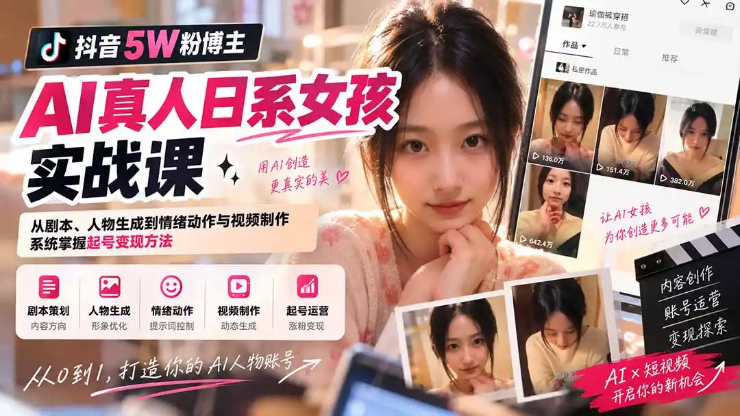 抖音5W粉博主AI真人日系女孩实战课:从剧本、人物生成到情绪动作与视频制作,系统掌握起号变现方法