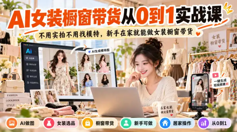 AI女装橱窗带货从0到1实战课，不用实拍不用找模特，新手在家就能做女装橱窗带货