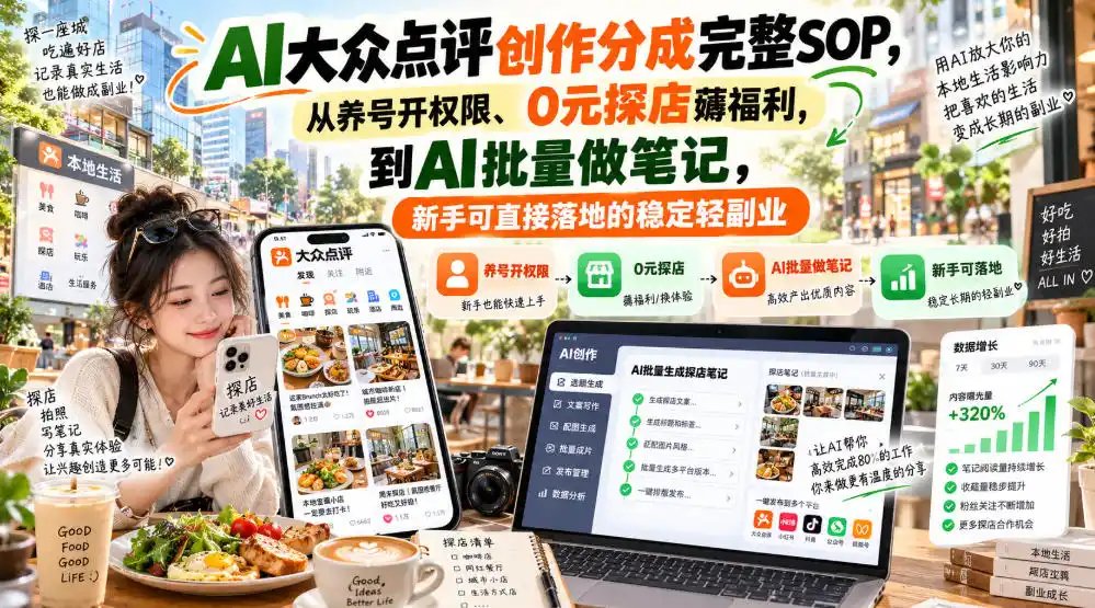 【无水印】AI大众点评创作分成完整SOP，从养号开权限、0元探店薅福利，到AI批量做笔记，新手可直接落地的稳定轻副业