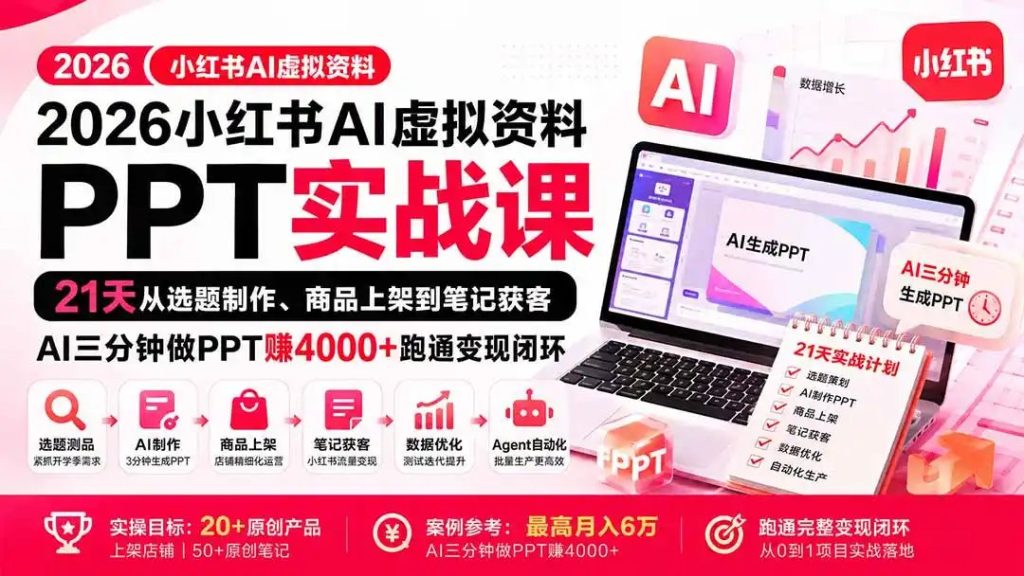 2026小红书AI虚拟资料PPT实战课:21天从选题制作、商品上架到笔记获客,AI三分钟做PPT赚4000+跑通变现闭环