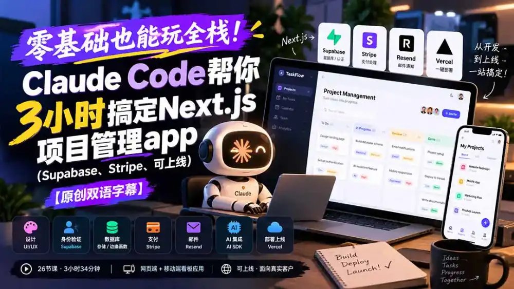 零基础也能玩全栈！Claude Code帮你3小时搞定Next.js项目管理app(Supabase、Stripe、可上线