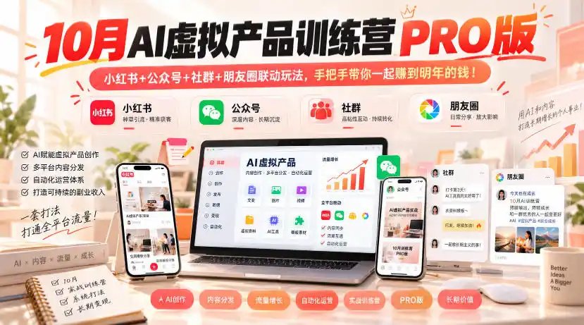 10月AI虚拟产品训练营PRO版，小红书+公众号+社群+朋友圈联动玩法，手把手带你一起赚到明年的钱！