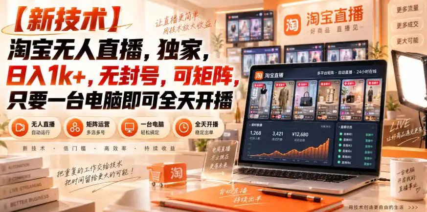 【独家新技术】淘宝无人直播，日入1k+，无封号，可矩阵，只要一台电脑即可全天开播【揭秘】