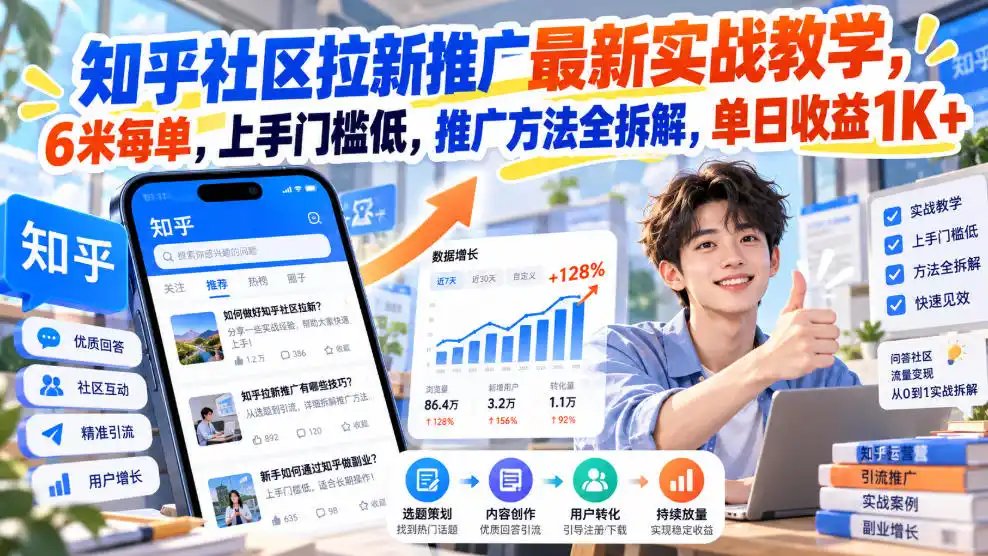 知乎社区拉新推广最新实战教学，6米每单，上手门槛低，推广方法全拆解，单日收益1K+！(更新1010)