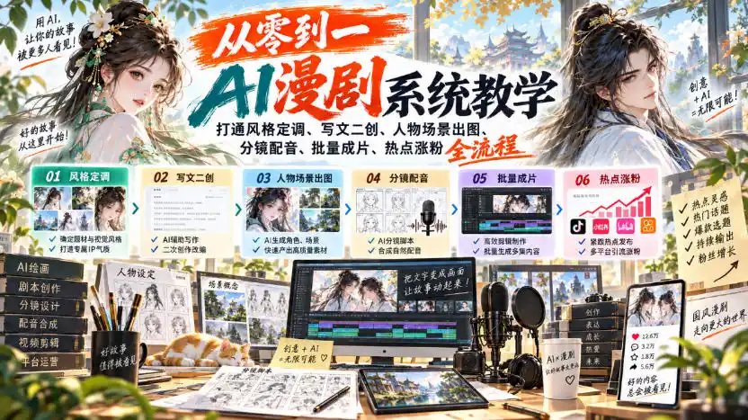 从零到一AI漫剧系统教学，打通风格定调、写文二创、人物场景出图、分镜配音、批量成片、热点涨粉全流程