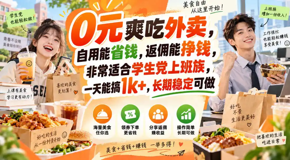 0元爽吃外卖，自用能省钱，返佣能挣钱，非常适合学生党上班族，一天能搞1k+，长期稳定可做