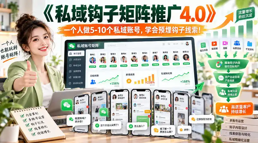 【无水印】《私域钩子矩阵推广4.0》一个人做5-10个私域账号，学会预埋钩子线索！