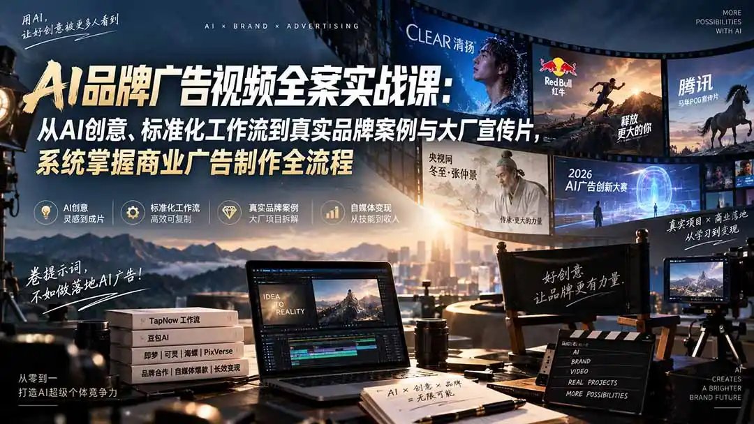 AI品牌广告视频全案实战课：从AI创意、标准化工作流到真实品牌案例与大厂宣传片，系统掌握商业广告制作全流程