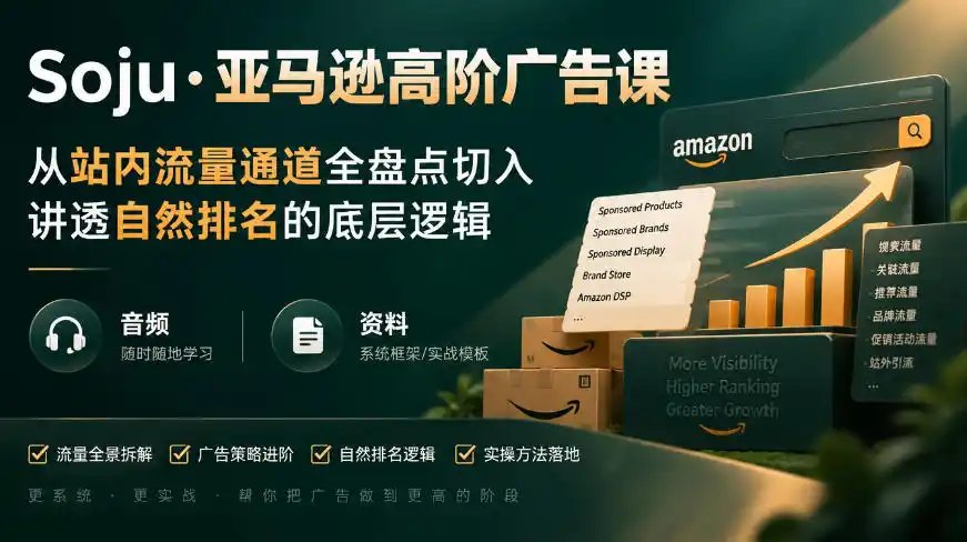 亚马逊高阶广告课，从站内流量通道全盘点切入，讲透自然排名的底层逻辑(直播+音频+资料)