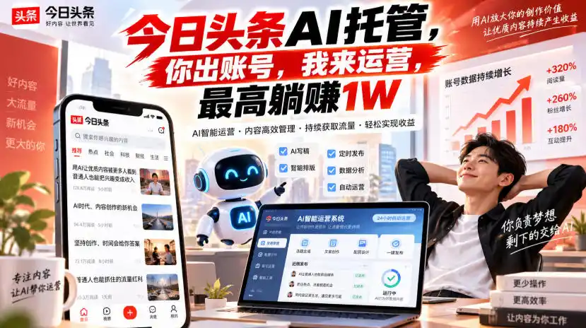 今日头条AI托管，你出账号，我来运营，最高躺賺1W【揭秘】
