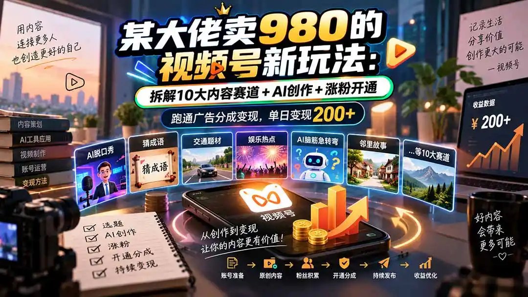 某大佬卖980的视频号新玩法：拆解10大内容赛道+AI创作+涨粉开通，跑通广告分成变现，单日变现200+