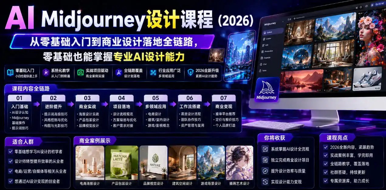 AI Midjourney设计课程(2026)，从零基础入门到商业设计落地全链路，零基础也能掌握专业AI设计能力(更新1007)