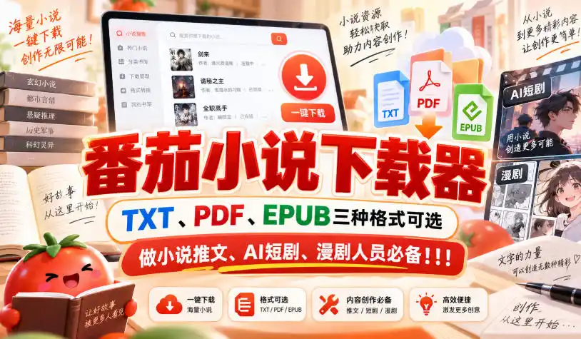 番茄小说下载器，TXT、PDF、EPUB三种格式可选，做小说推文、AI短剧、漫剧人员必备！！！