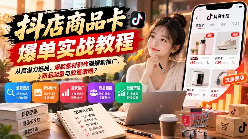抖店商品卡爆单实战教程:从高潜力选品、爆款素材制作到搜索推广、新品起量与放量策略