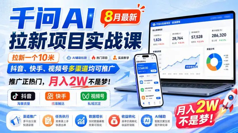 千问AI拉新项目实战课8月最新，拉新一个10米，抖音、快手、视频号多渠道均可推广，推广正热门，月入2W不是梦!(更新0918)