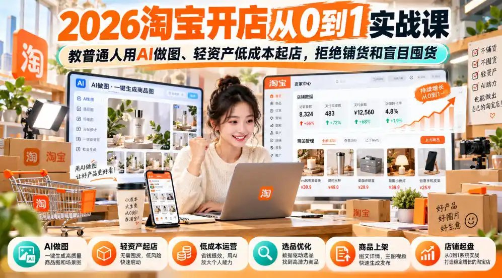 2026淘宝开店从0到1实战课，教普通人用AI做图、轻资产低成本起店，拒绝铺货和盲目囤货