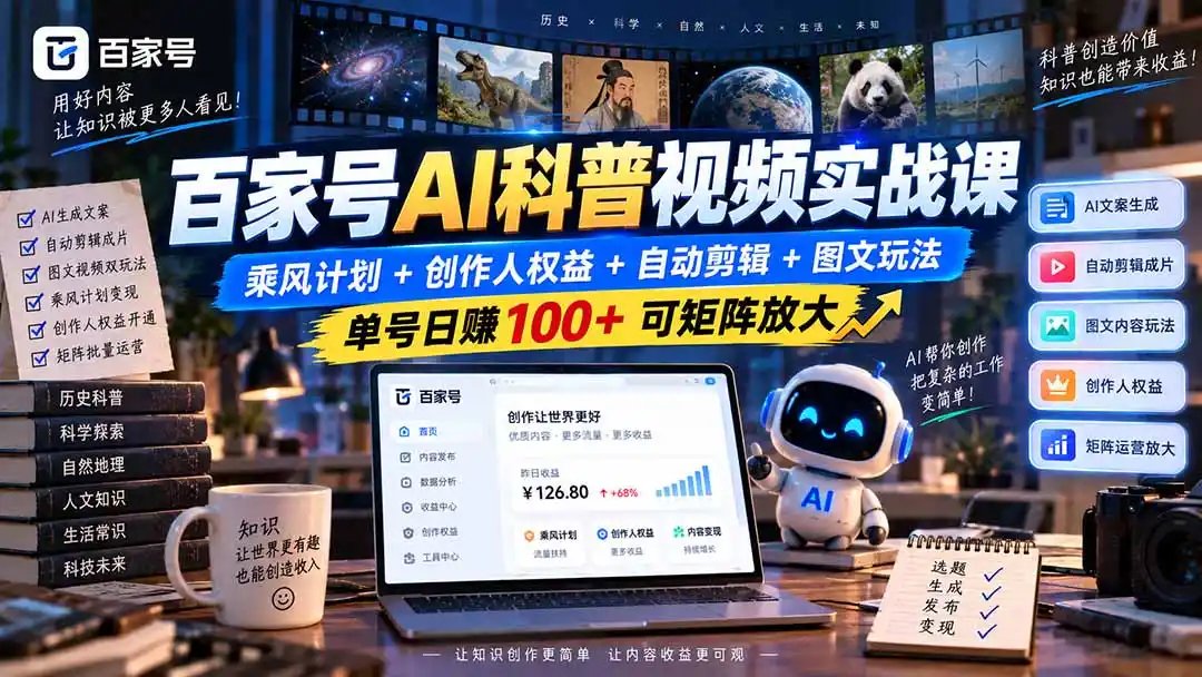 百家号AI科普视频实战课：乘风计划+创作人权益+自动剪辑+图文玩法，单号日赚100+可矩阵放大