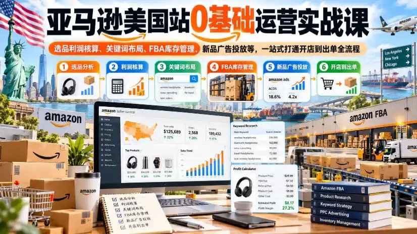 亚马逊美国站0基础运营实战课｜选品利润核算、关键词布局、FBA库存管理、新品广告投放等，一站式打通开店到出单全流程