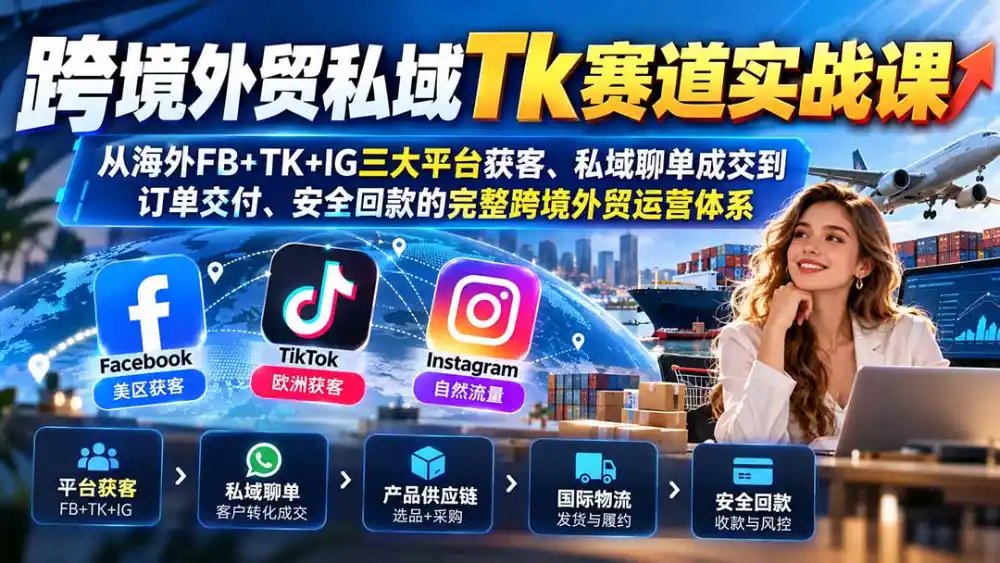 跨境外贸私域Tk赛道实战课：从海外FB+TK+IG三大平台获客、私域聊单成交到订单交付、安全回款的完整跨境外贸运营体系