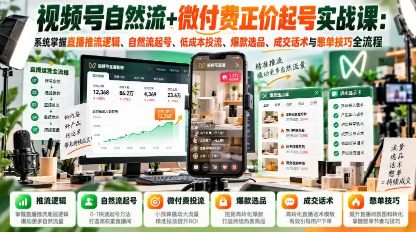 视频号自然流+微付费正价起号实战课：系统掌握直播推流逻辑、自然流起号、低成本投流、爆款选品、成交话术与憋单技巧全流程