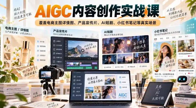 AIGC内容创作实战课，覆盖电商主图详情图、产品宣传片、AI短剧、小红书笔记等真实场景