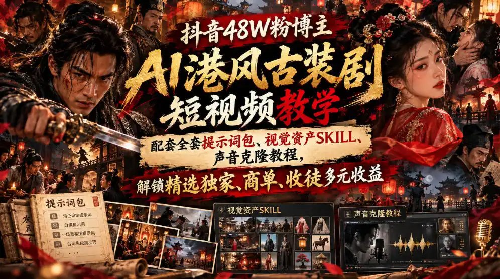 抖音48W粉博主AI港风古装剧短视频教学，配套全套提示词包、视觉资产SKILL、声音克隆教程，解锁精选独家、商单、收徒多元收益