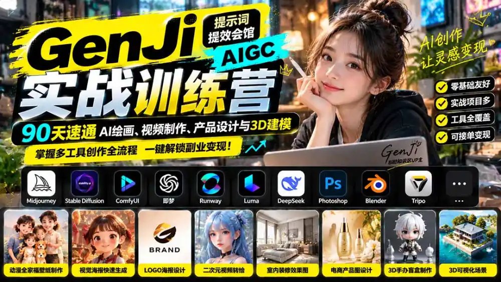 GenJi AIGC实战训练营：90天速通AI绘画、视频制作、产品设计与3D建模，掌握多工具创作全流程