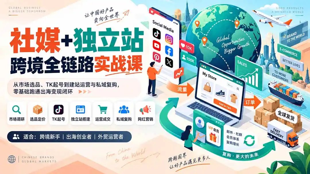 社媒+独立站跨境全链路实战课：从市场选品、TK起号到建站运营与私域复购，零基础跑通出海变现闭环