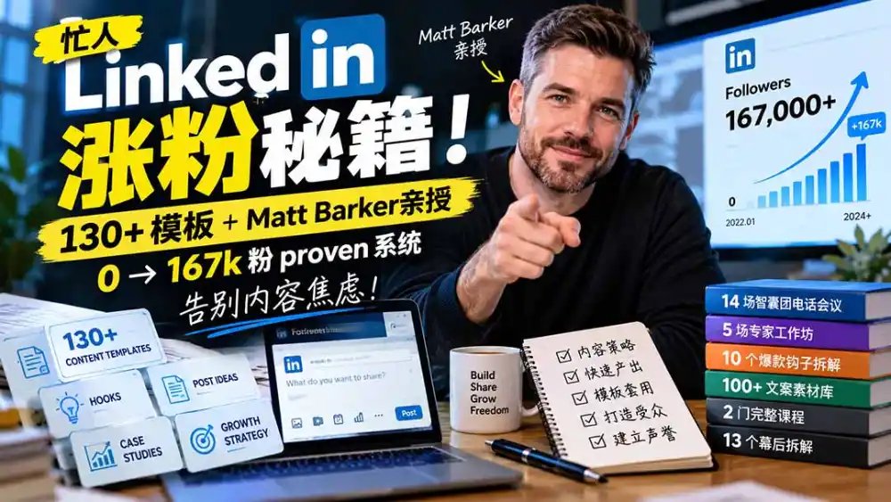 【无水印】忙人LinkedI 涨粉秘籍!130+模板+Matt Barker亲授:0→167k粉proven系统,告别内容焦虑【原创双语字幕】