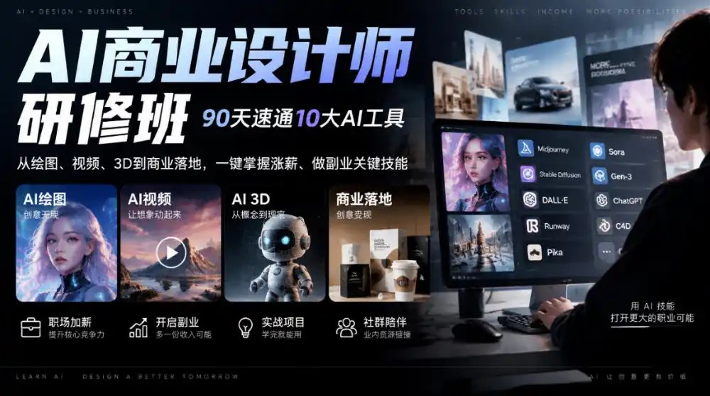 AI商业设计师研修班,90天速通10大AI工具,从绘图、视频、3D到商业落地,一键掌握涨薪、做副业关键技能