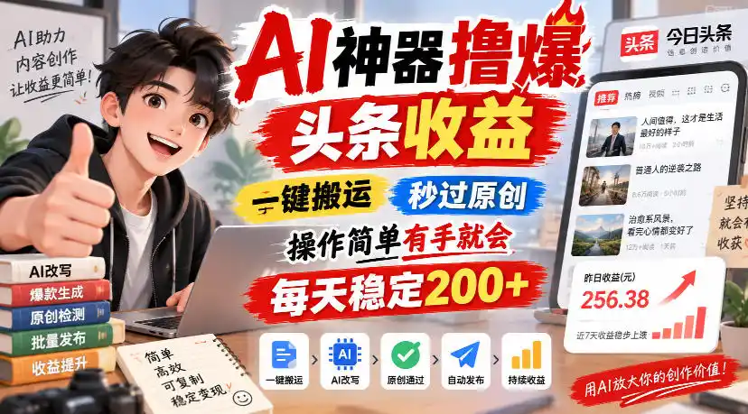 AI神器撸爆头条收益，一键搬运，秒过原创，操作简单有手就会，每天稳定200+【揭秘】