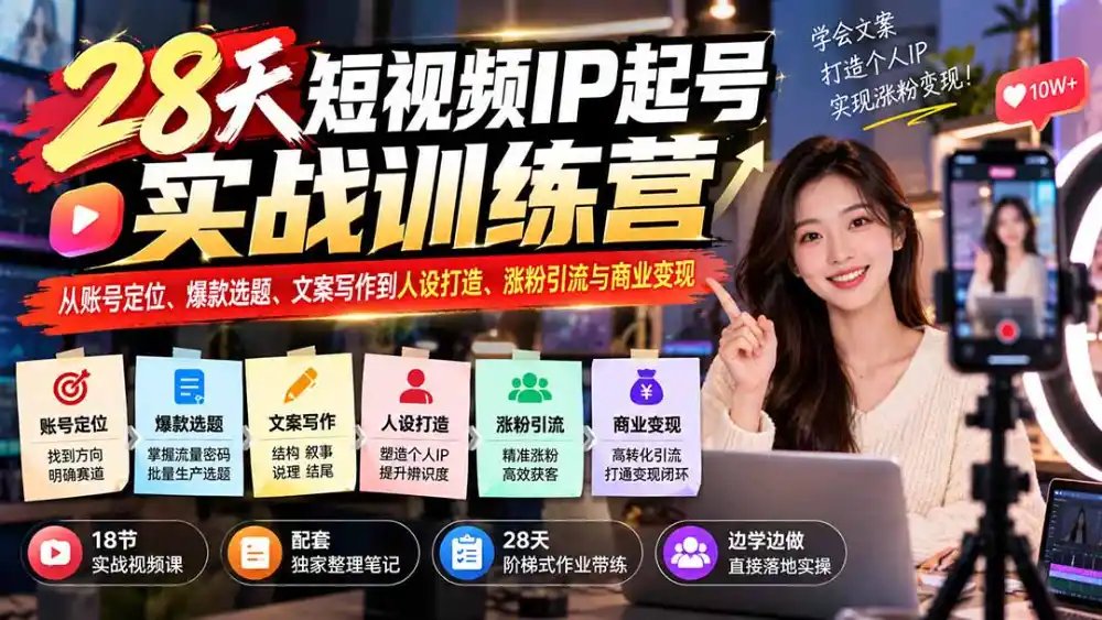 28天短视频IP起号实战训练营：从账号定位、爆款选题、文案写作到人设打造、涨粉引流与商业变现
