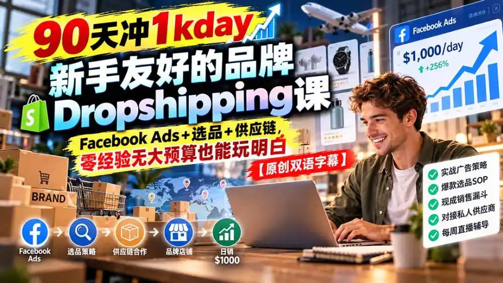 90天冲1kday 新手友好的品牌Dropshipping课：Facebook Ads+选品+供应链，零经验无大预算也能玩明白【原创双语字幕】